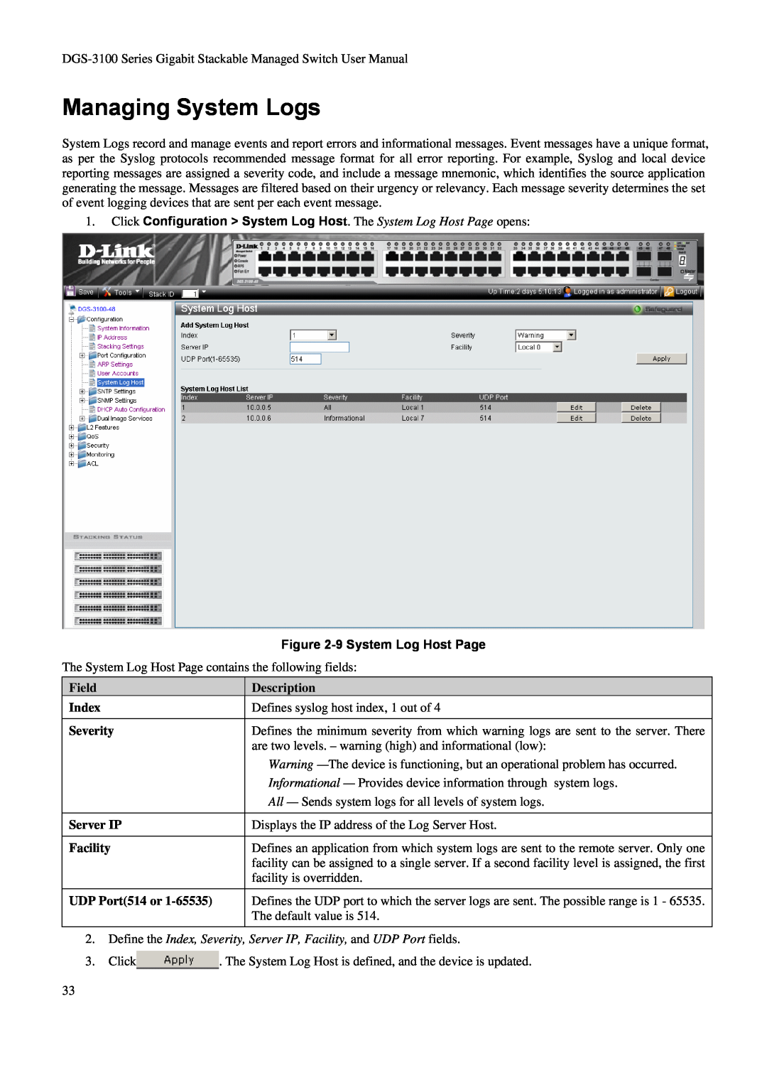 D-Link DGS-3100 Managing System Logs, 9 System Log Host Page, Field, Description, Index, Severity, Server IP, Facility 