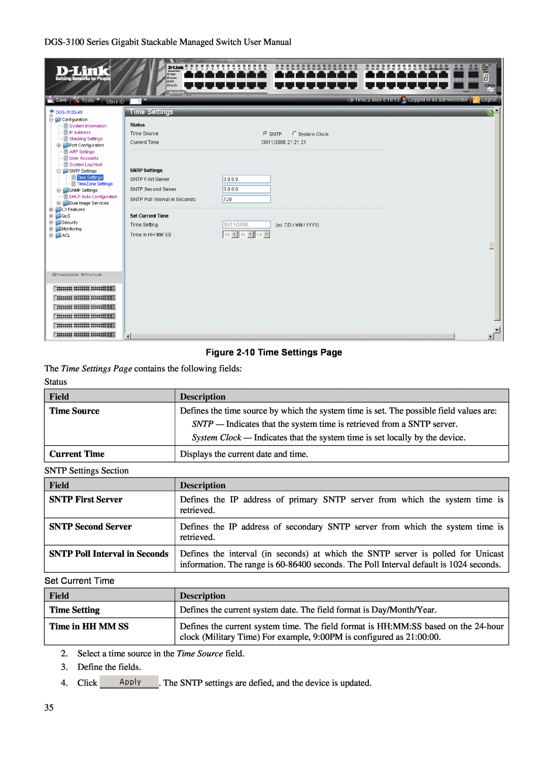 D-Link DGS-3100 user manual 10 Time Settings Page, Field, Description, Time Source, Current Time, SNTP First Server 