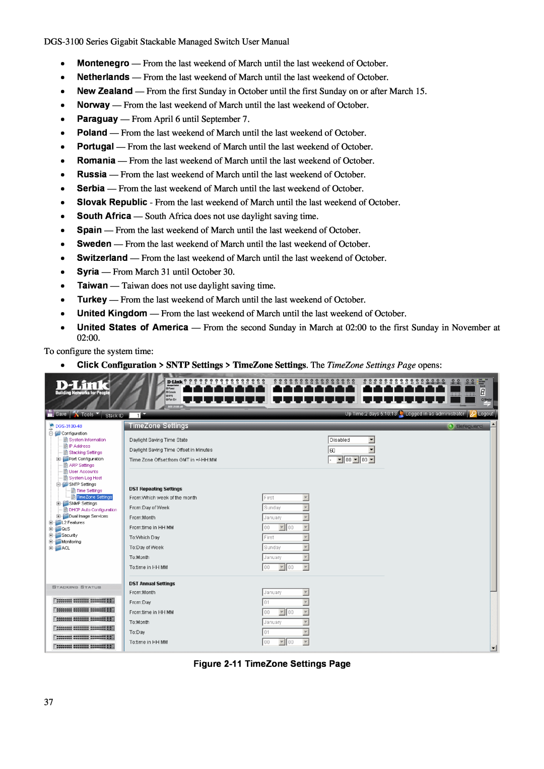 D-Link DGS-3100 user manual 11 TimeZone Settings Page 