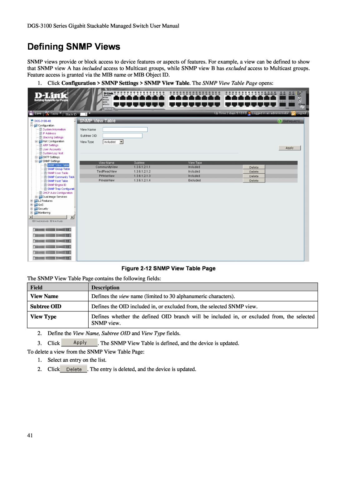 D-Link DGS-3100 Defining SNMP Views, 12 SNMP View Table Page, Field View Name Subtree OID View Type, Description 