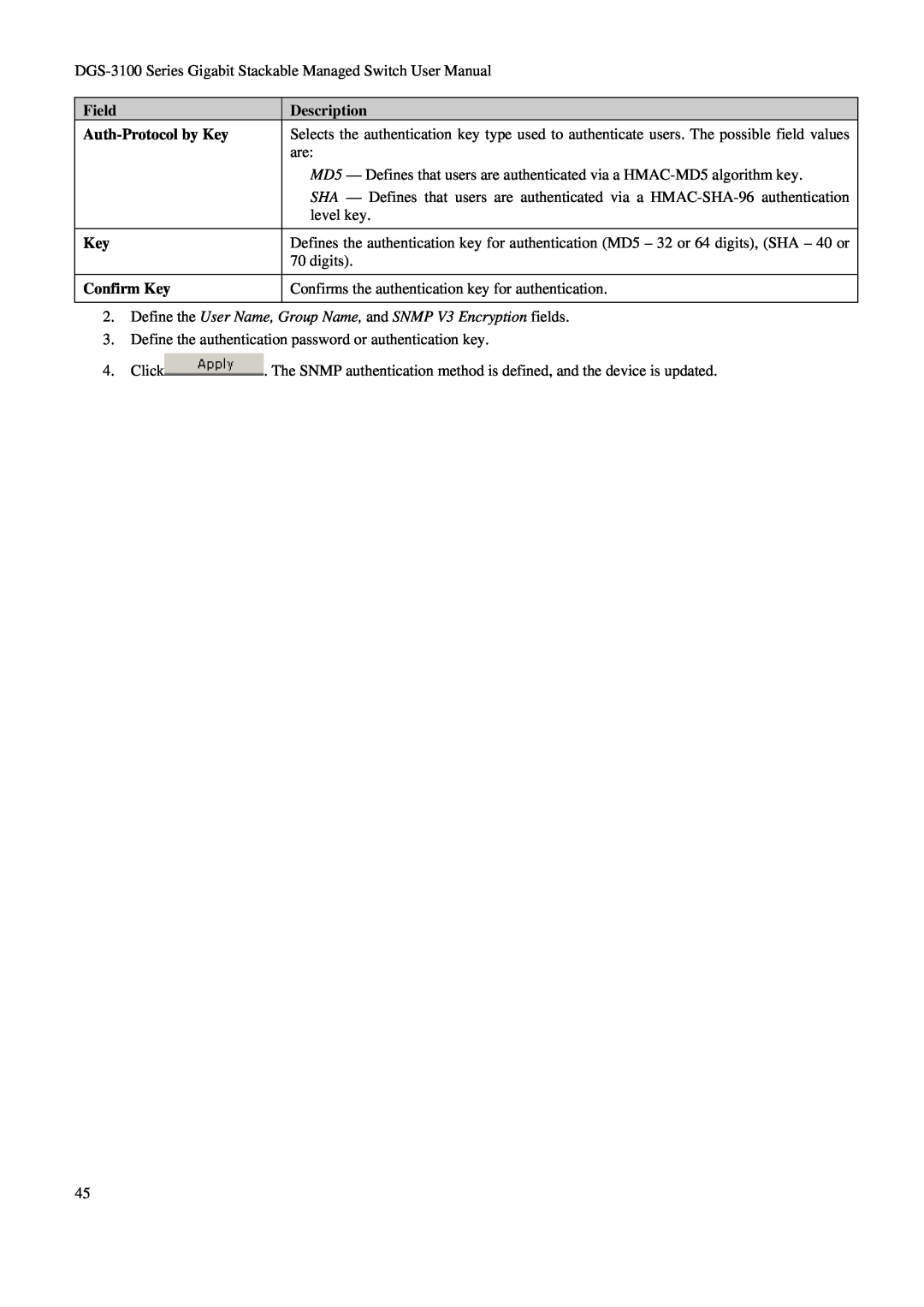 D-Link DGS-3100 user manual Field, Description, Auth-Protocol by Key, Confirm Key 