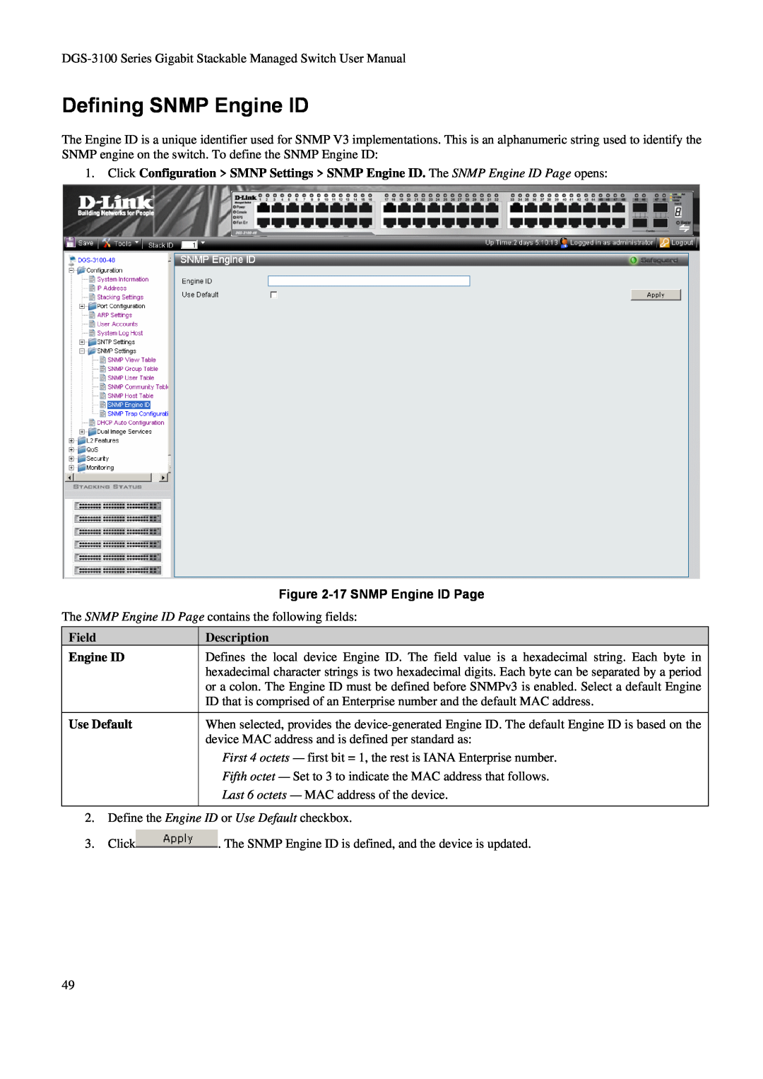 D-Link DGS-3100 user manual Defining SNMP Engine ID, 17 SNMP Engine ID Page, Field Engine ID Use Default, Description 