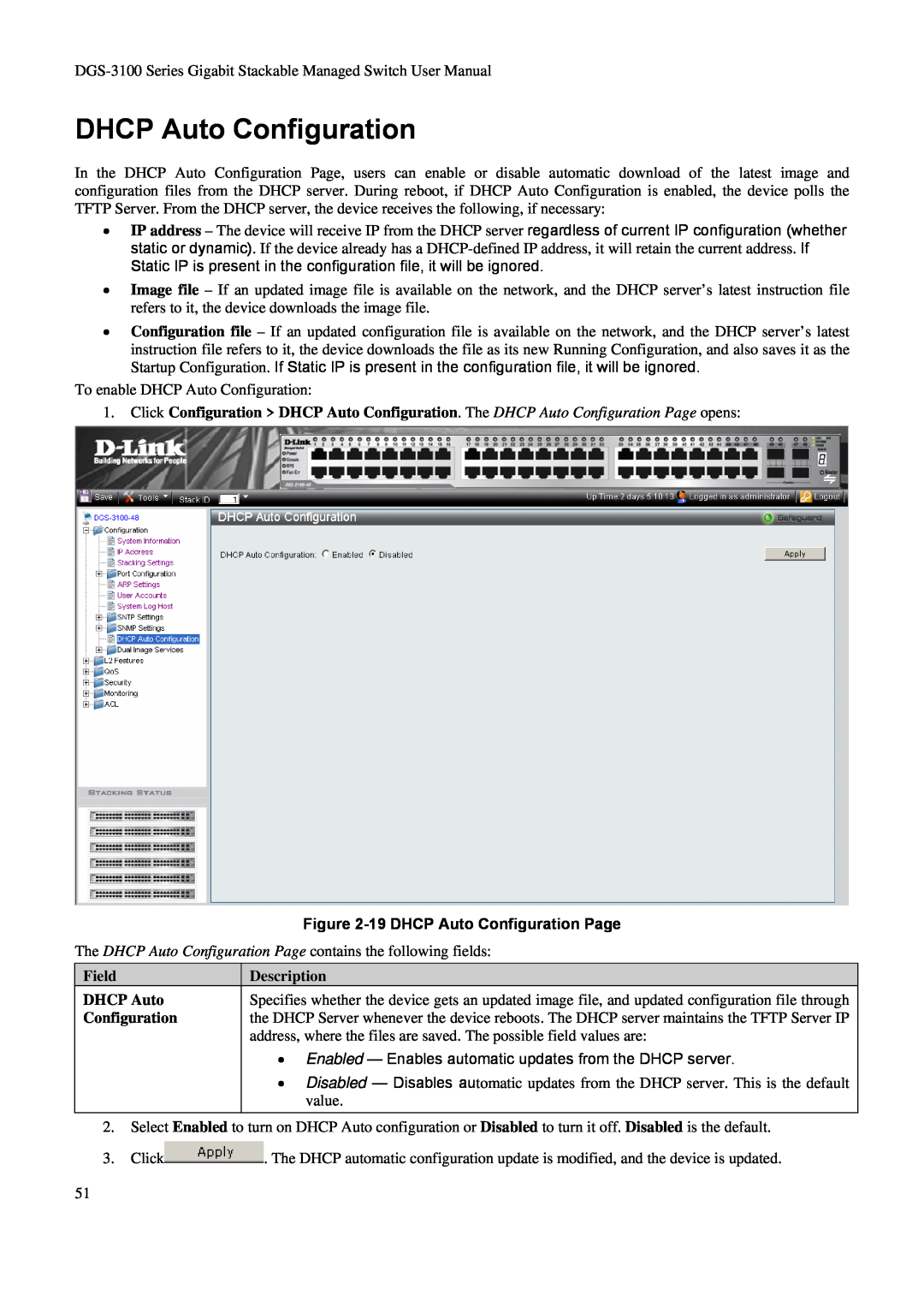D-Link DGS-3100 user manual 19 DHCP Auto Configuration Page, Field DHCP Auto Configuration, Description 