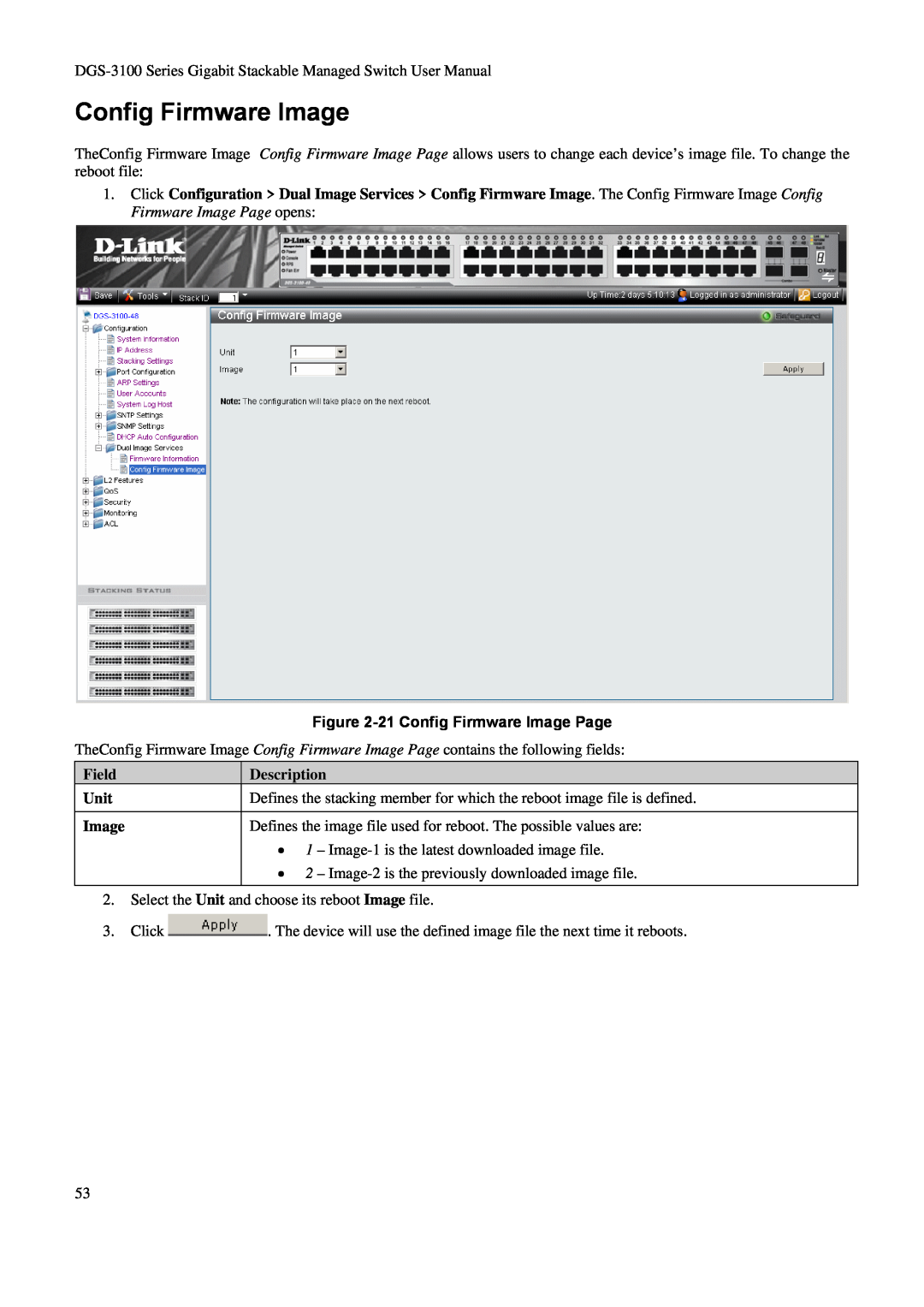 D-Link DGS-3100 user manual 21 Config Firmware Image Page, Field, Description, Unit 