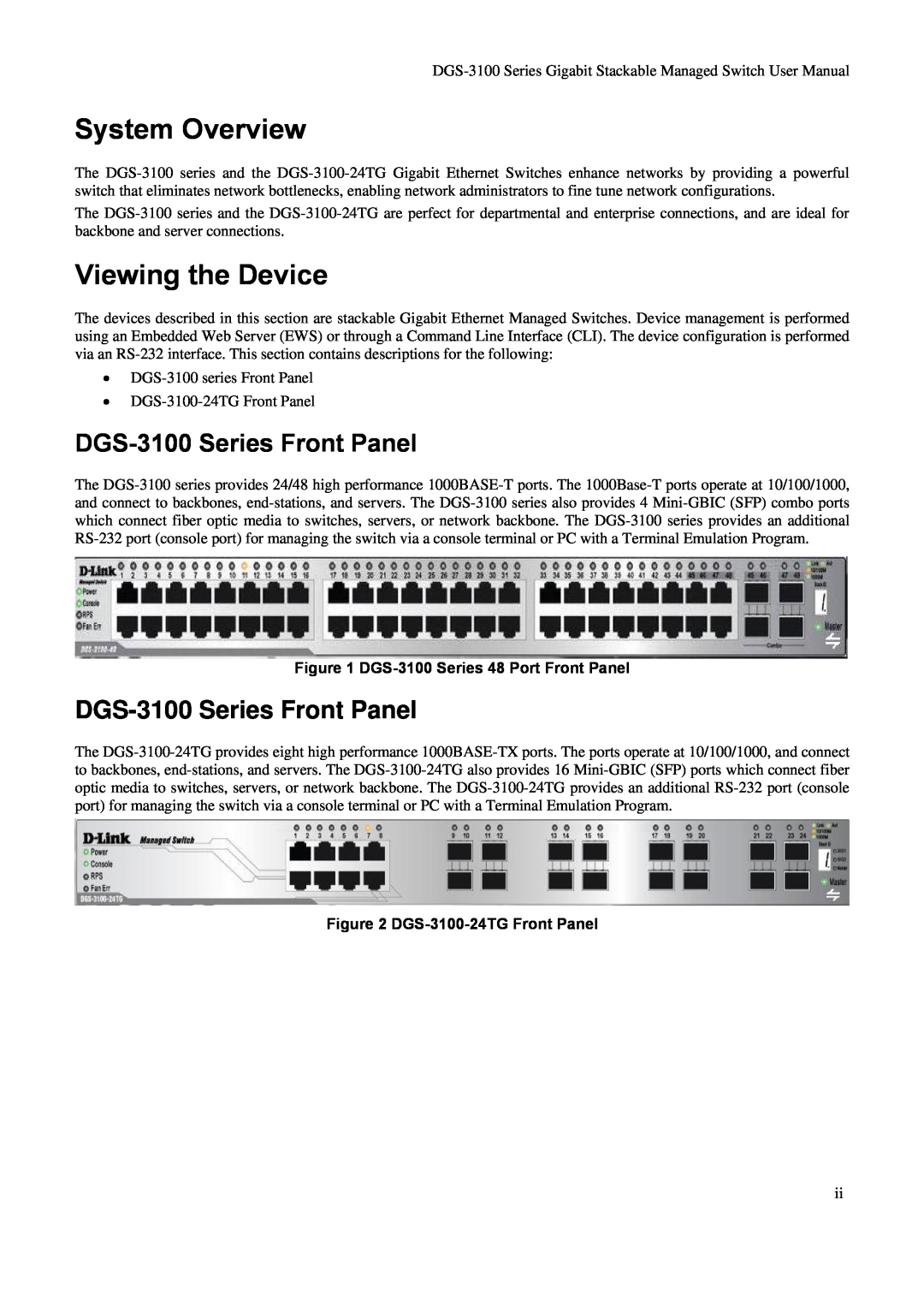 D-Link user manual System Overview, Viewing the Device, DGS-3100 Series Front Panel, DGS-3100 Series 48 Port Front Panel 
