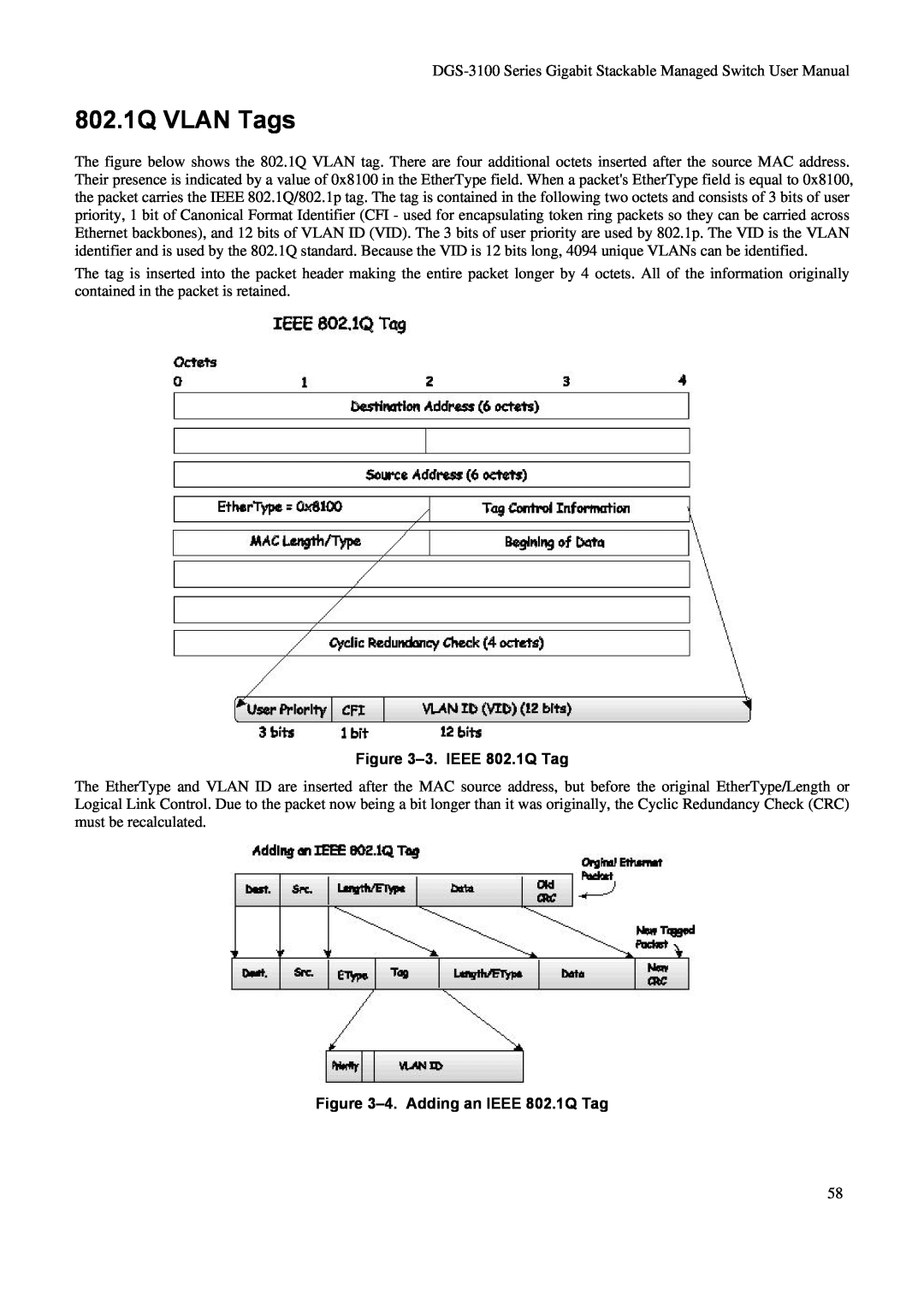 D-Link DGS-3100 user manual 802.1Q VLAN Tags, 3. IEEE 802.1Q Tag, 4. Adding an IEEE 802.1Q Tag 