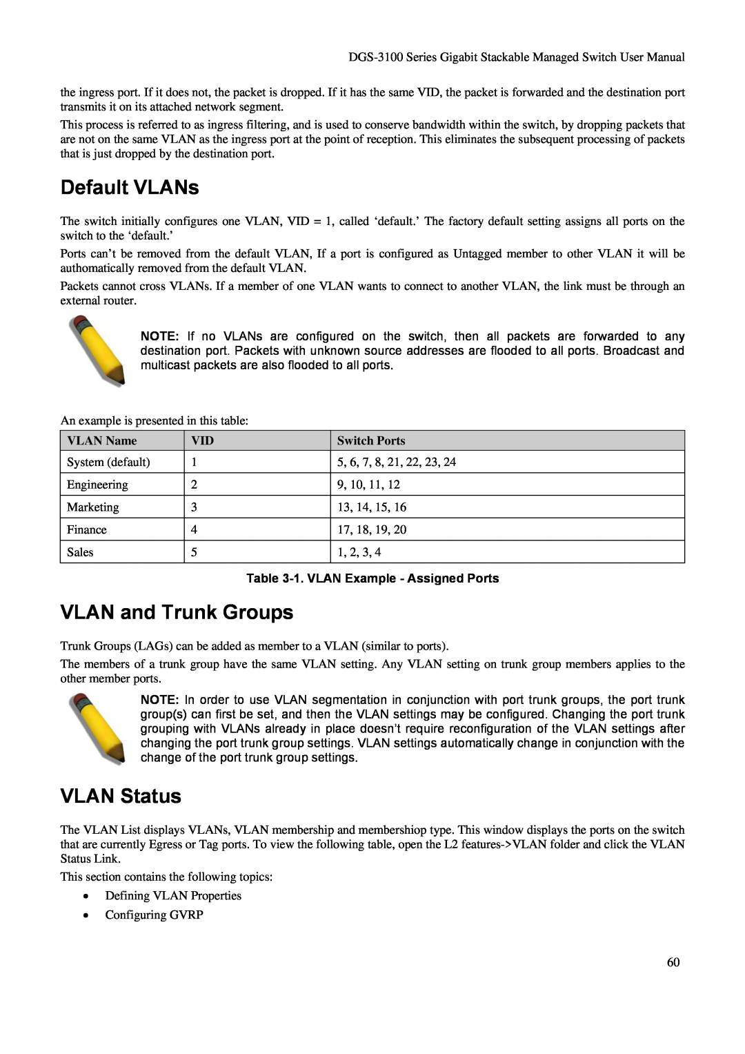 D-Link DGS-3100 user manual Default VLANs, VLAN and Trunk Groups, VLAN Status, VLAN Name, Switch Ports 