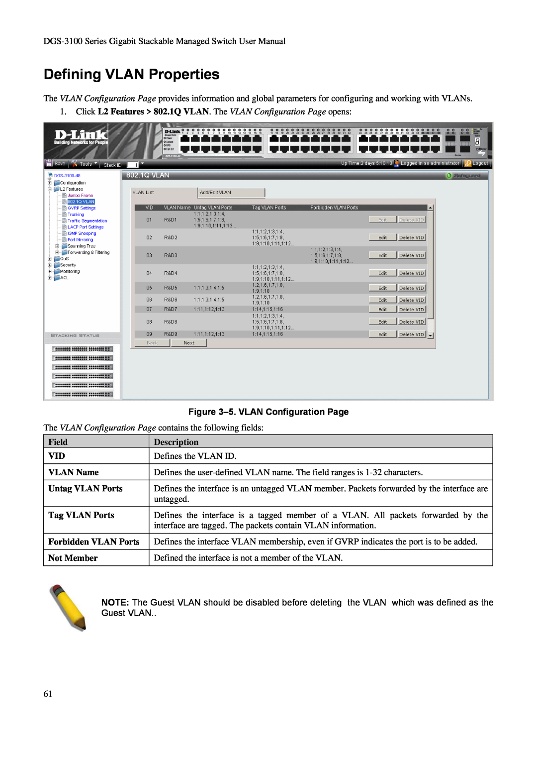 D-Link DGS-3100 Defining VLAN Properties, Click L2 Features 802.1Q VLAN. The VLAN Configuration Page opens, Description 
