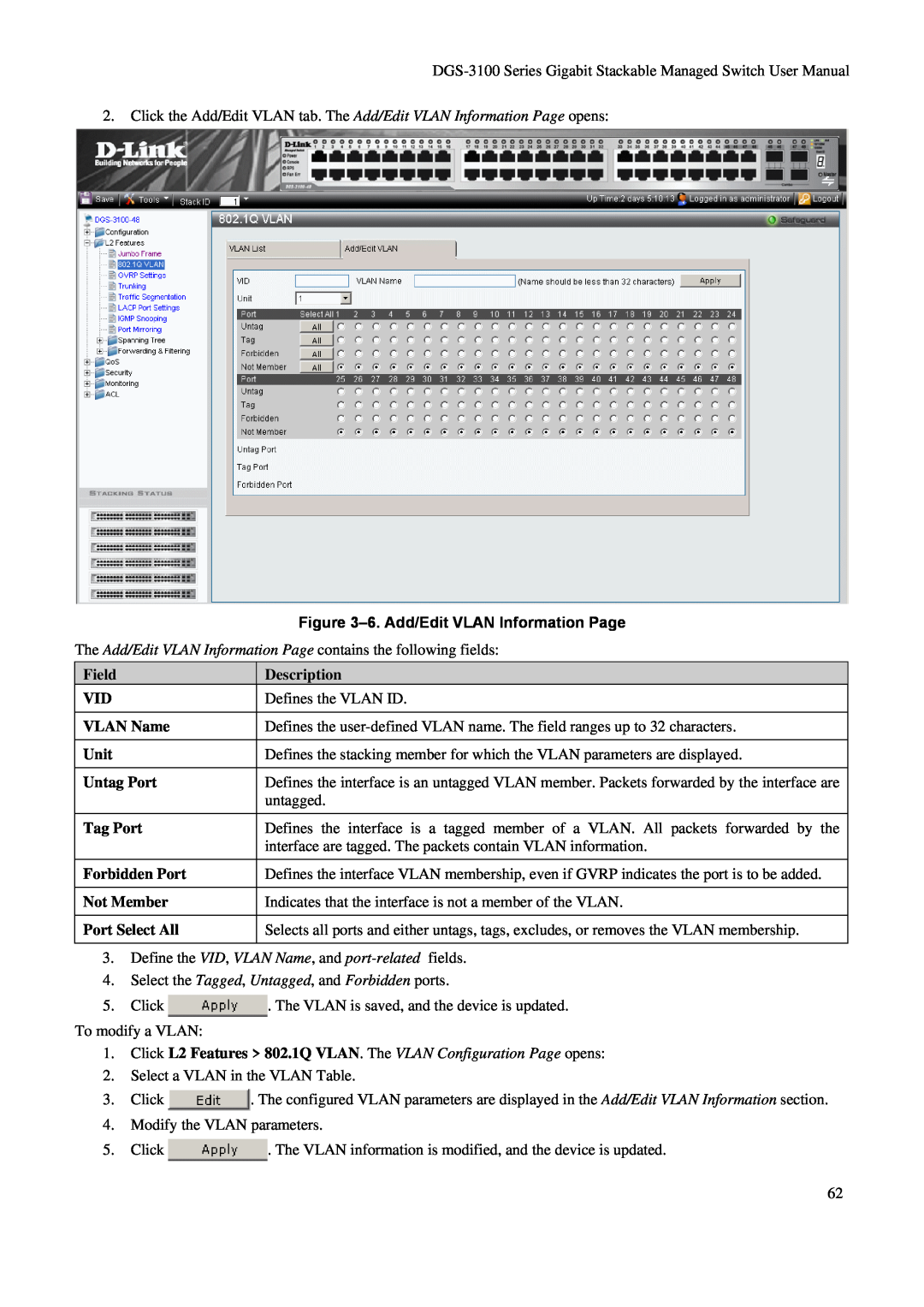 D-Link DGS-3100 user manual 6. Add/Edit VLAN Information Page, Description 