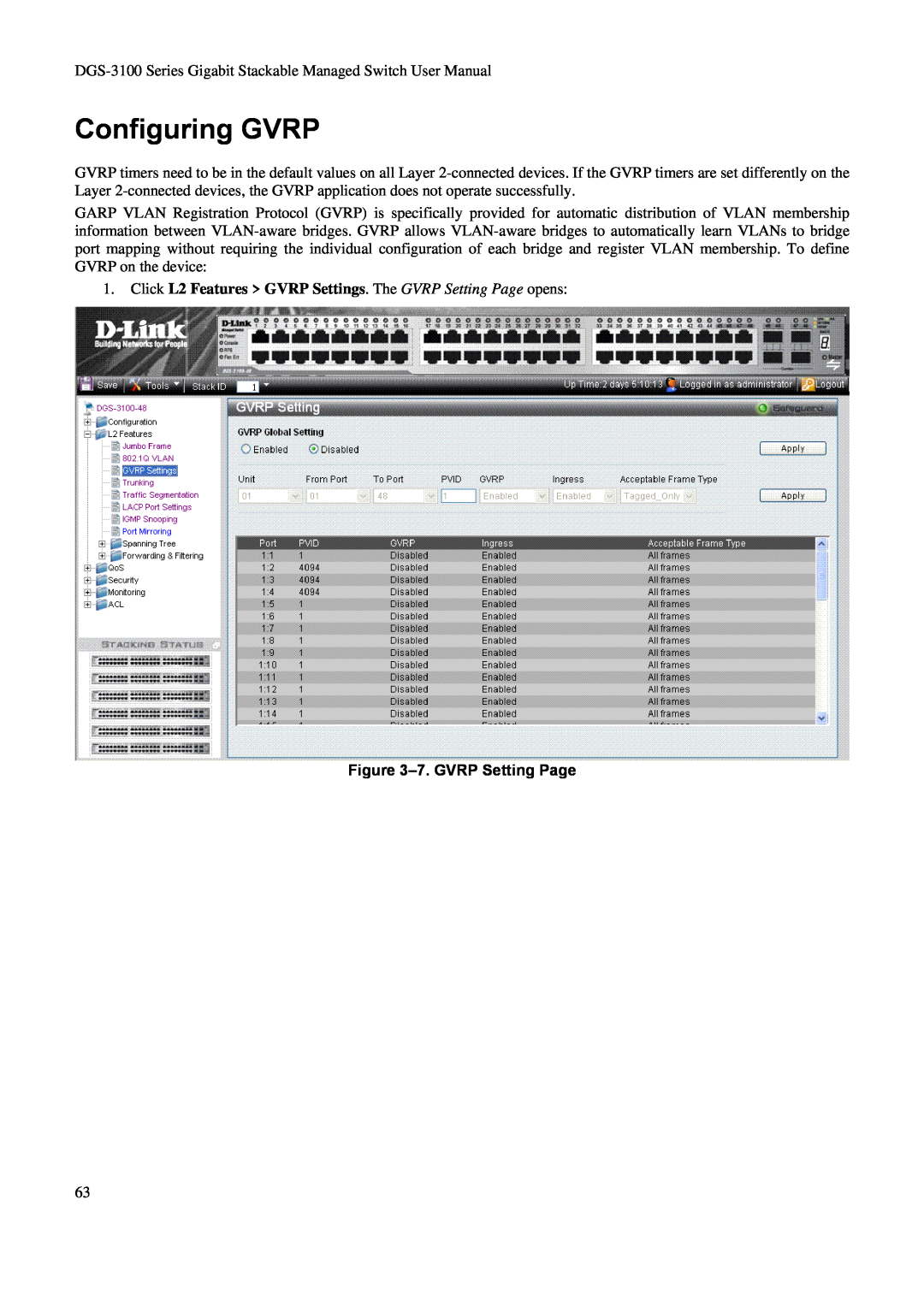 D-Link DGS-3100 Configuring GVRP, Click L2 Features GVRP Settings. The GVRP Setting Page opens, 7. GVRP Setting Page 
