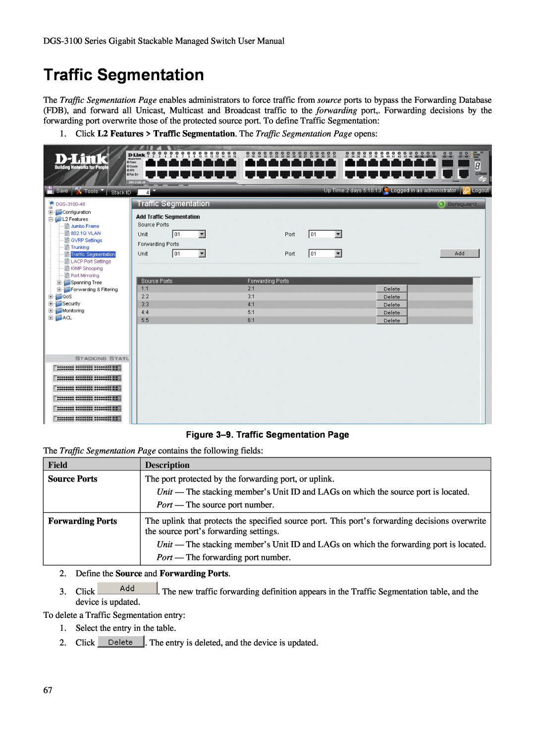 D-Link DGS-3100 user manual 9. Traffic Segmentation Page, Field, Description, Source Ports, Forwarding Ports 