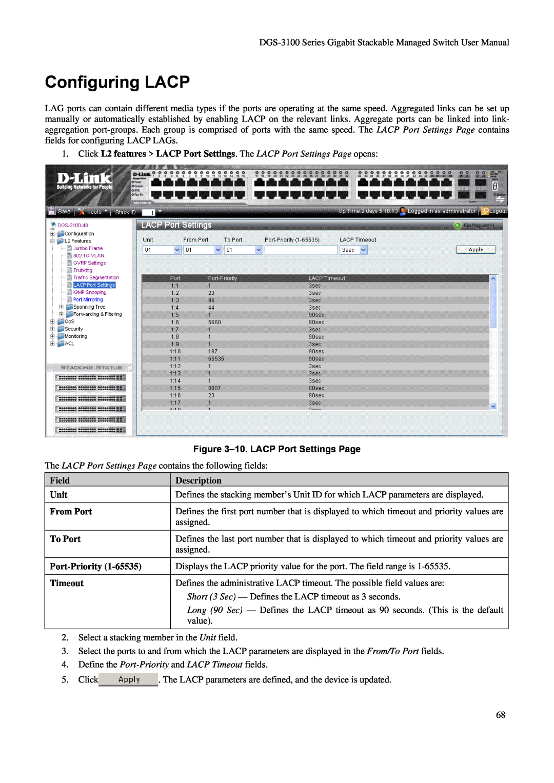 D-Link DGS-3100 Configuring LACP, 10. LACP Port Settings Page, Field, Description, Unit, From Port, To Port, Port-Priority 