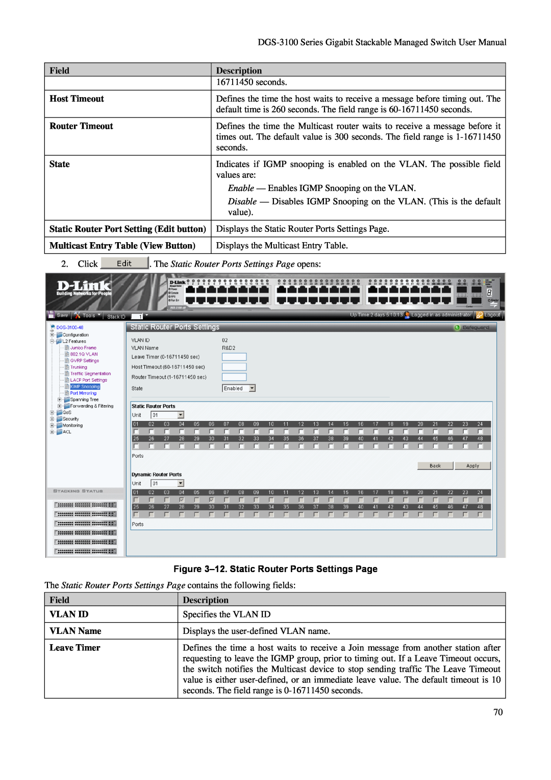 D-Link DGS-3100 Field, Description, Host Timeout, Router Timeout, State, Static Router Port Setting Edit button, Vlan Id 