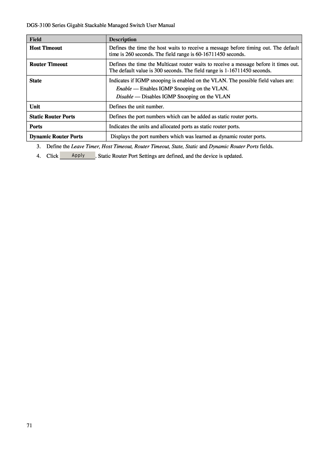 D-Link DGS-3100 Field, Description, Host Timeout, Router Timeout, State, Unit, Static Router Ports, Dynamic Router Ports 