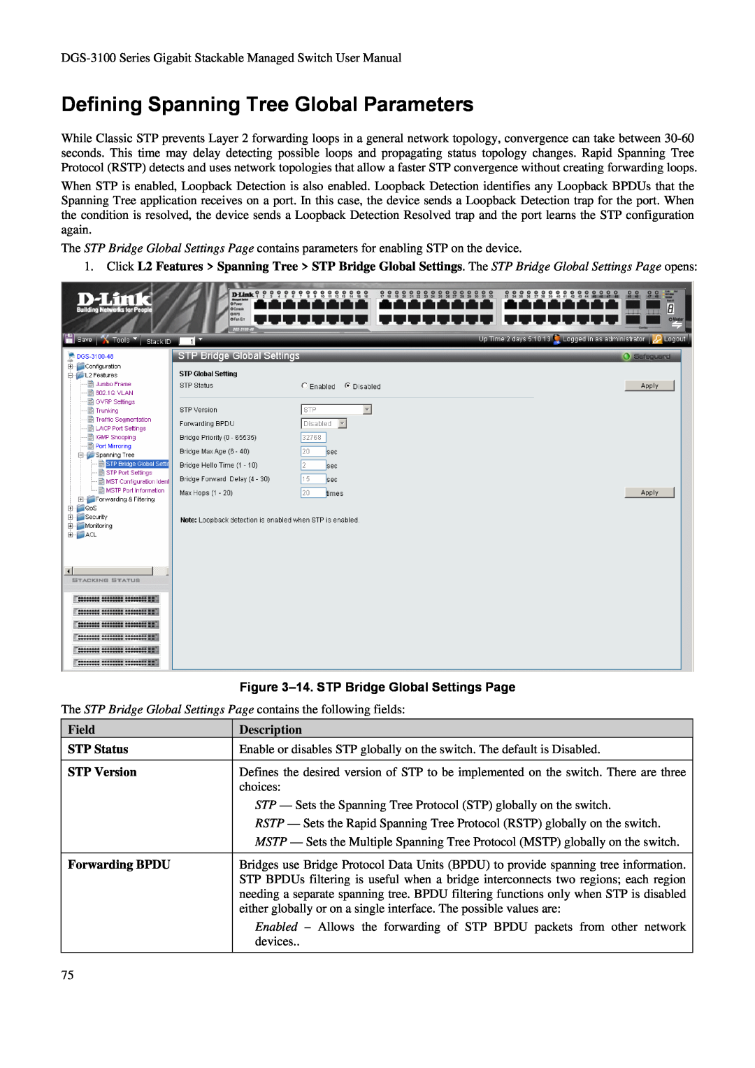 D-Link DGS-3100 Defining Spanning Tree Global Parameters, 14. STP Bridge Global Settings Page, Field, Description 