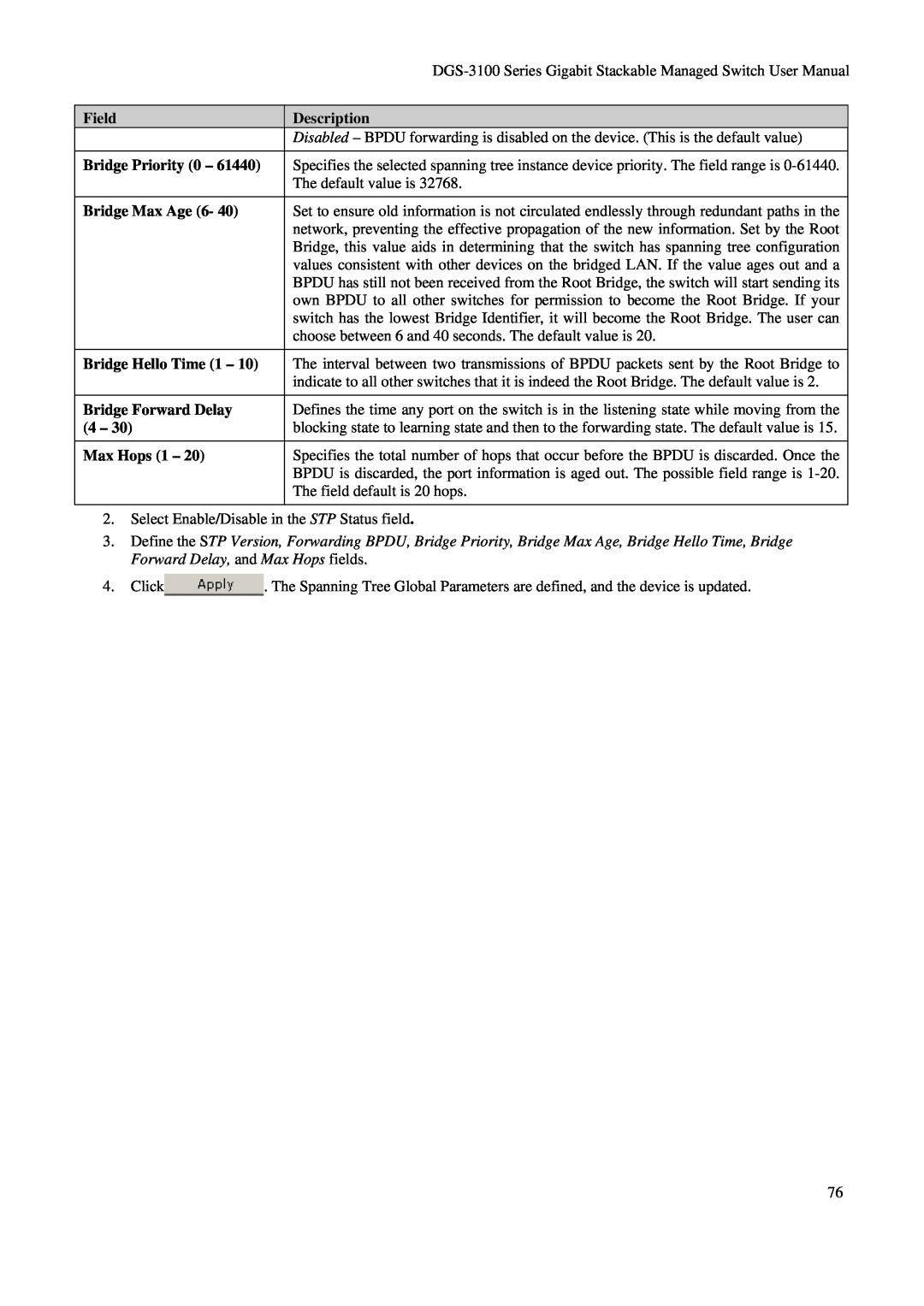 D-Link DGS-3100 Field, Description, Bridge Priority 0, Bridge Max Age 6, Bridge Hello Time 1, Bridge Forward Delay 