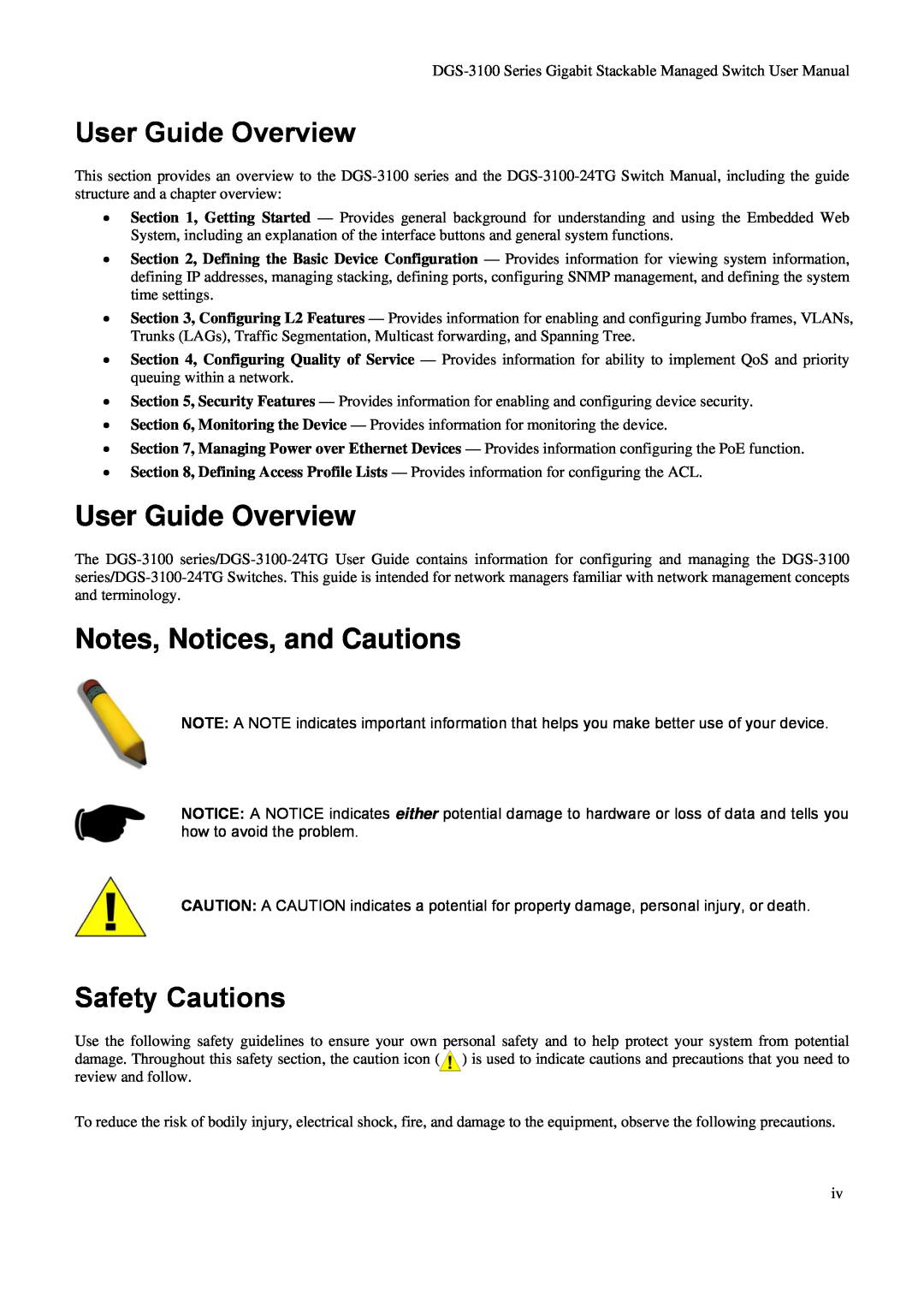 D-Link DGS-3100 user manual User Guide Overview, Notes, Notices, and Cautions, Safety Cautions 
