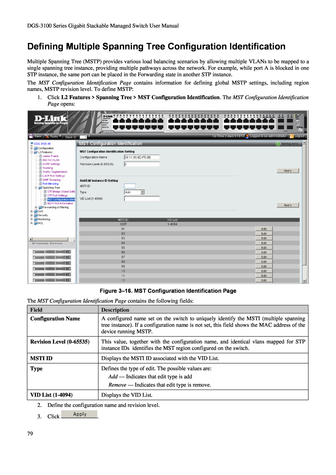 D-Link DGS-3100 Defining Multiple Spanning Tree Configuration Identification, 16. MST Configuration Identification Page 