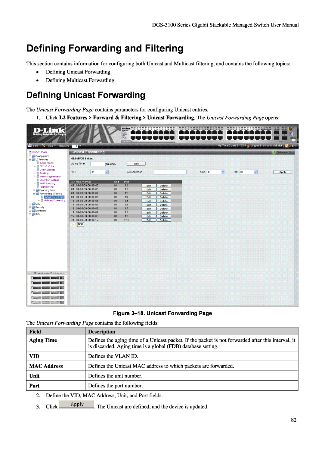 D-Link DGS-3100 Defining Forwarding and Filtering, Defining Unicast Forwarding, 18. Unicast Forwarding Page, Description 