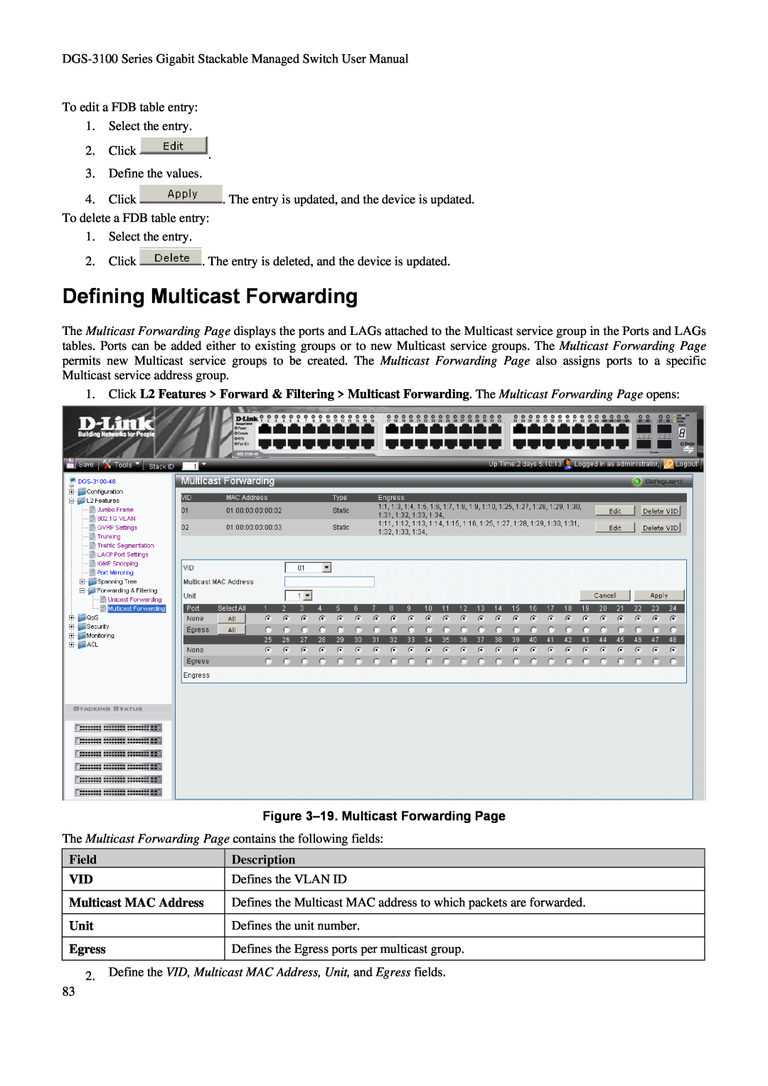 D-Link DGS-3100 Defining Multicast Forwarding, 19. Multicast Forwarding Page, Field, Description, Multicast MAC Address 