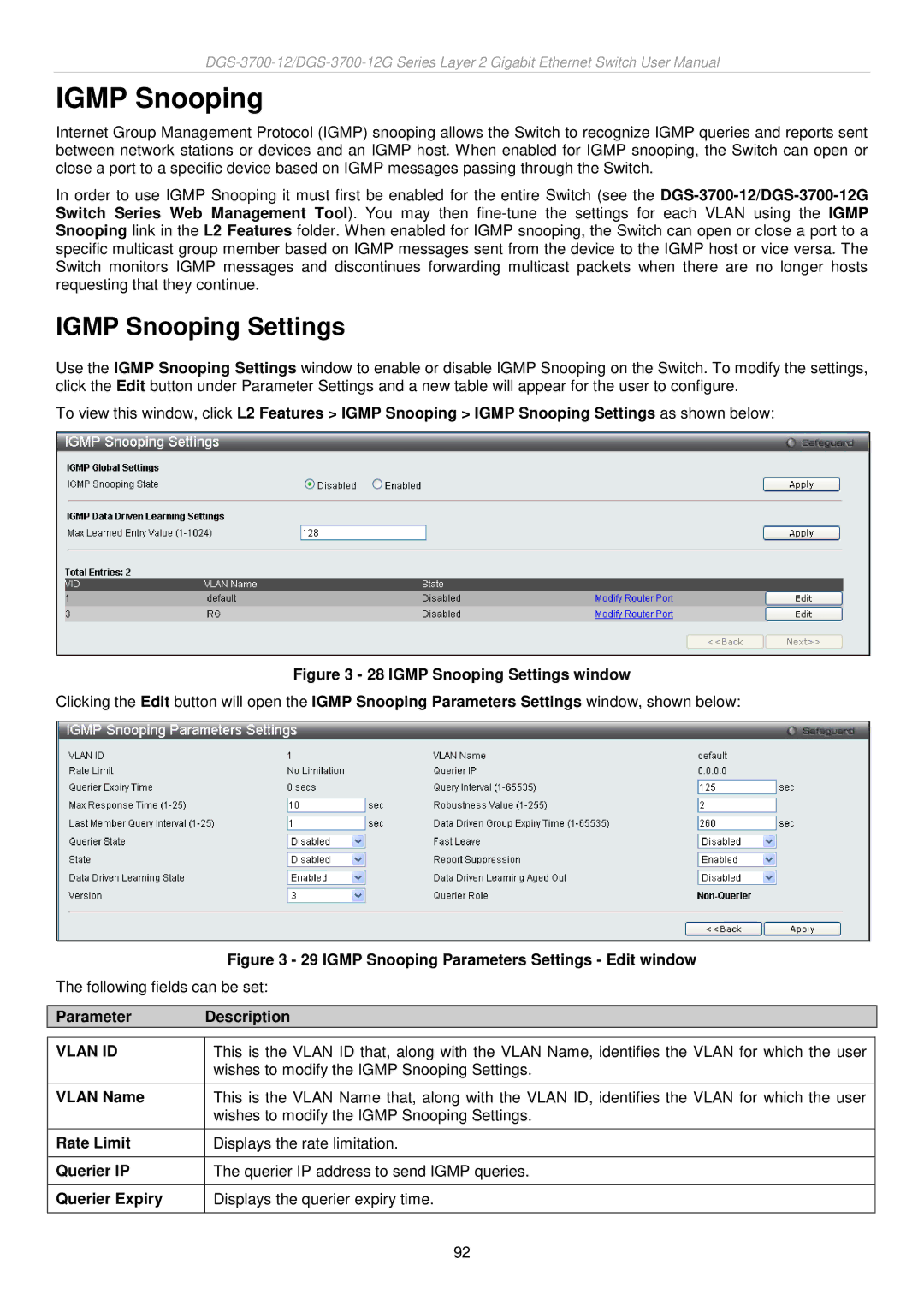 D-Link DGS-3700 user manual Igmp Snooping Settings, Rate Limit, Querier IP, Querier Expiry 