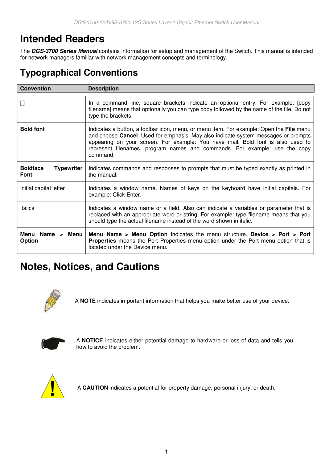 D-Link DGS-3700 user manual Intended Readers, Typographical Conventions 