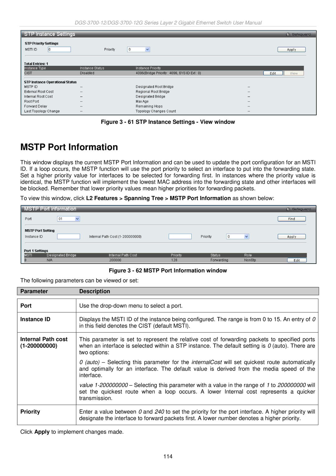 D-Link DGS-3700 user manual Mstp Port Information, Instance ID, Internal Path cost, 200000000 