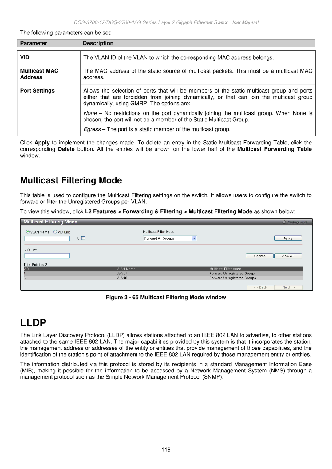 D-Link DGS-3700 user manual Multicast Filtering Mode, Multicast MAC 