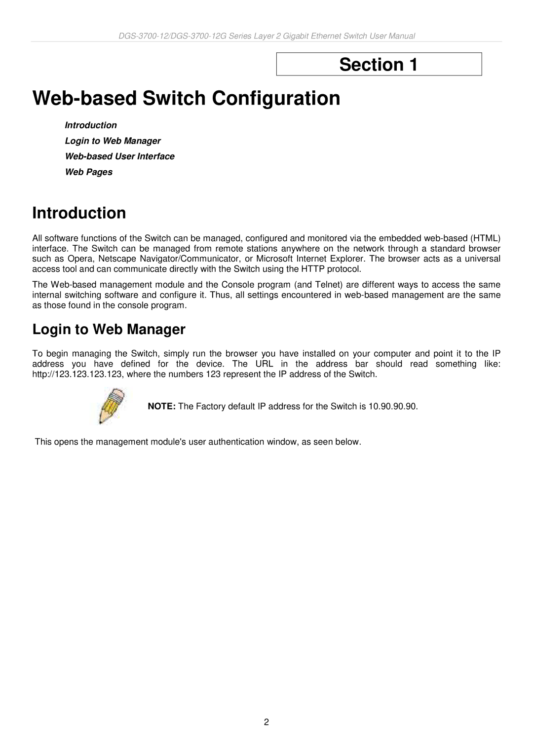 D-Link DGS-3700 user manual Introduction, Login to Web Manager 