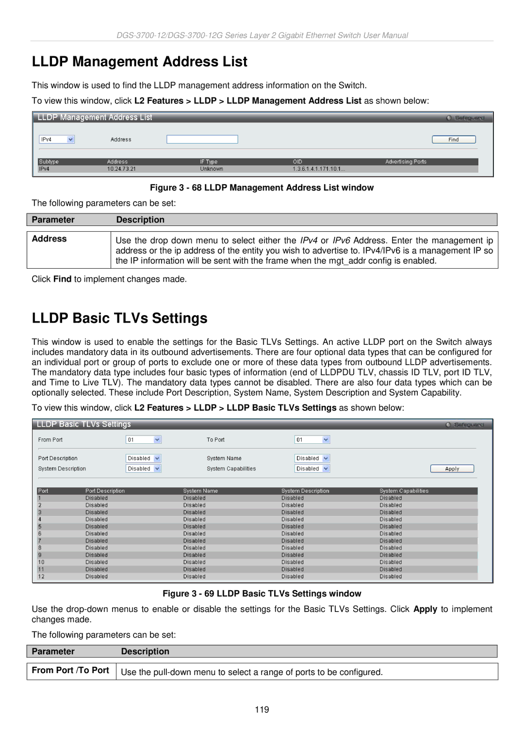 D-Link DGS-3700 user manual Lldp Management Address List, Lldp Basic TLVs Settings, Parameter Description Address 