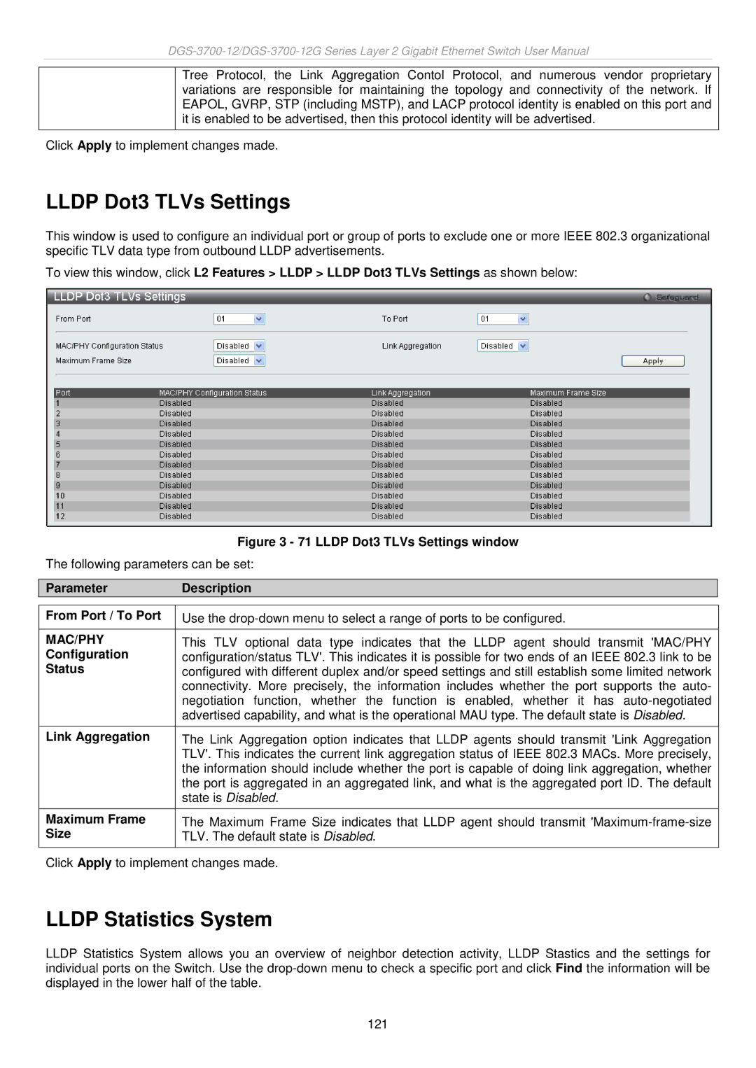 D-Link DGS-3700 user manual Lldp Dot3 TLVs Settings, Lldp Statistics System, Mac/Phy 