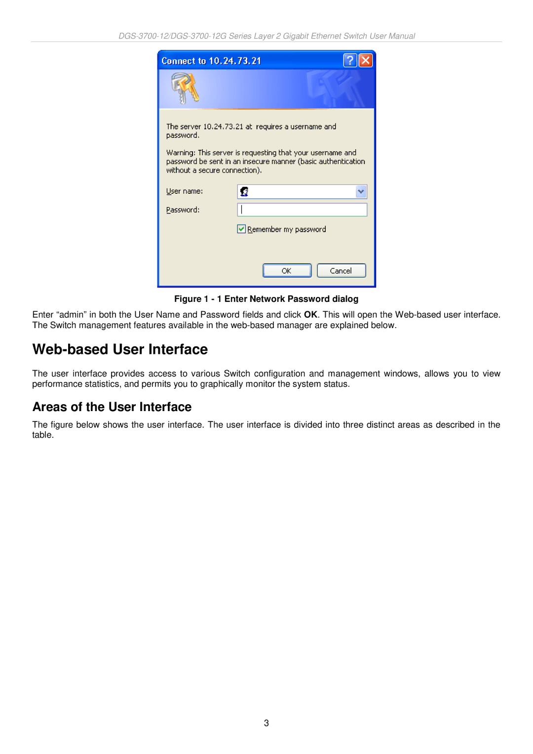 D-Link DGS-3700 user manual Web-based User Interface, Areas of the User Interface 