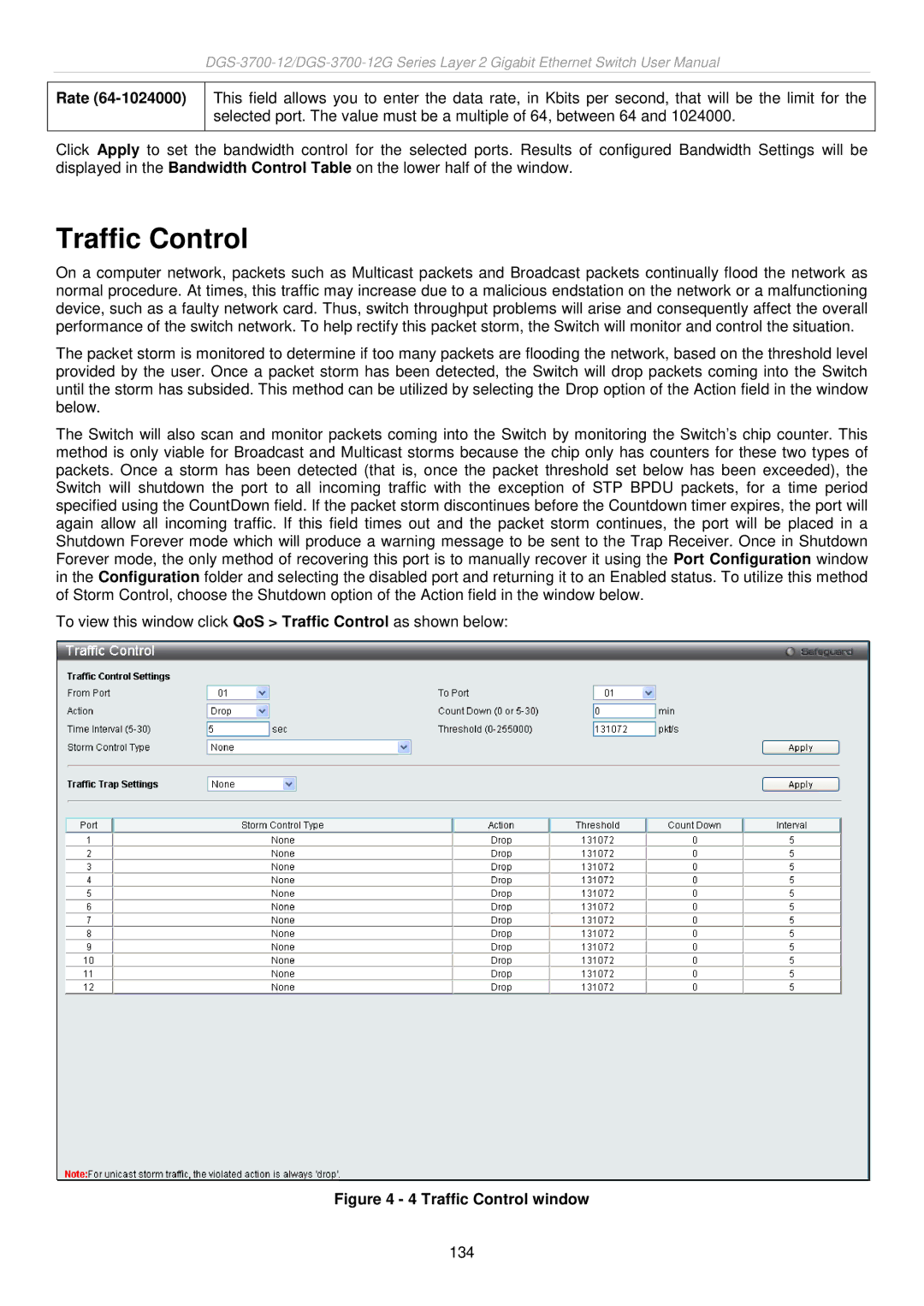 D-Link DGS-3700 user manual Traffic Control window 