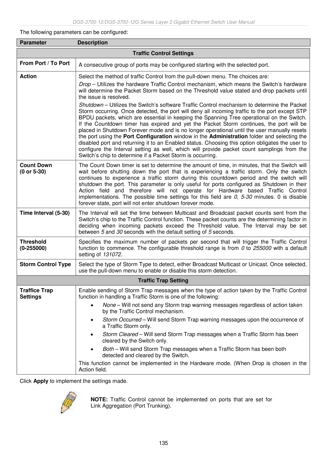 D-Link DGS-3700 Count Down, Time Interval, 255000, Storm Control Type, Traffic Trap Setting Traffice Trap, Settings 