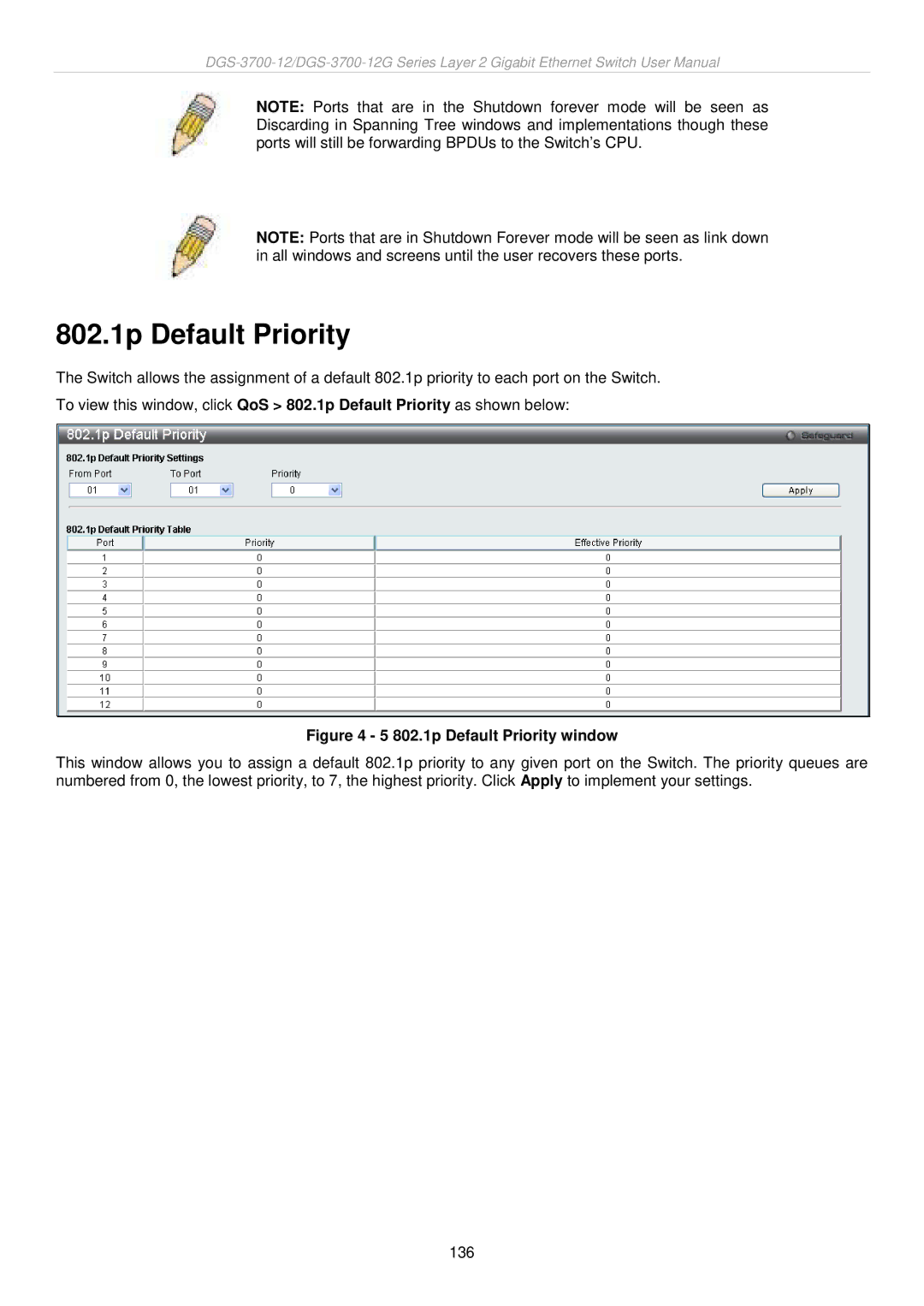 D-Link DGS-3700 user manual 802.1p Default Priority window 