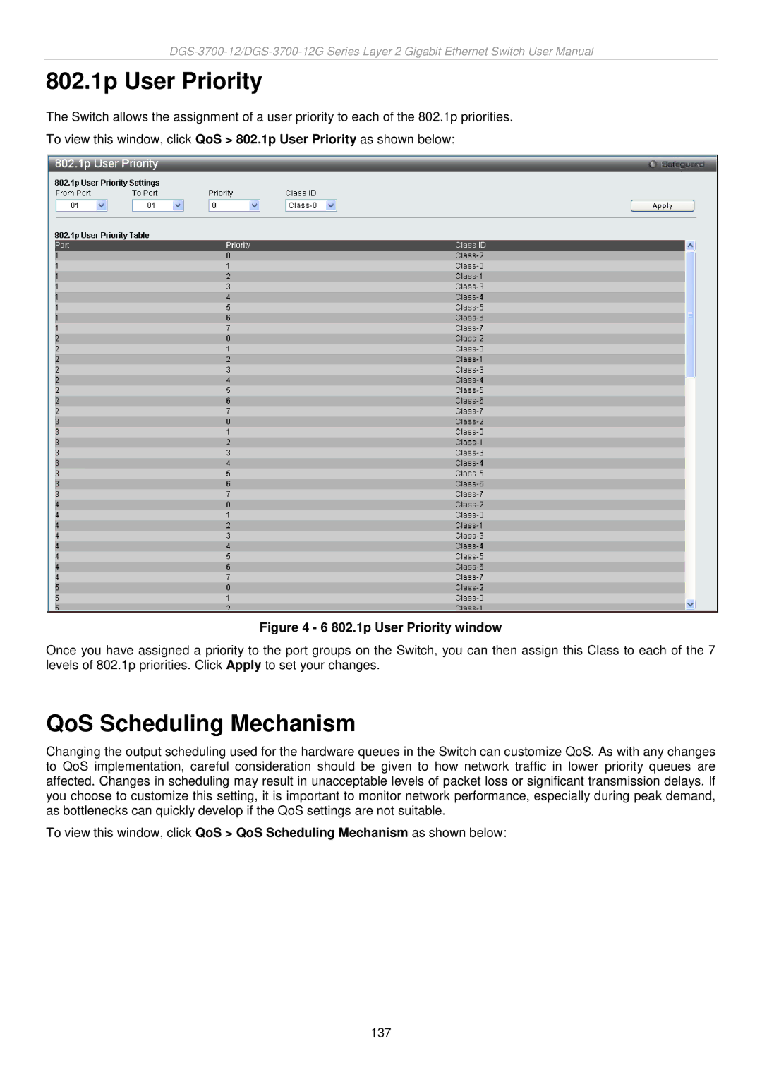 D-Link DGS-3700 user manual 802.1p User Priority, QoS Scheduling Mechanism 