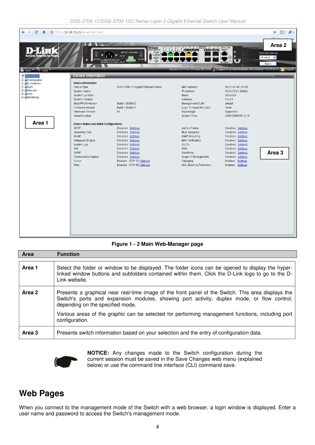 D-Link DGS-3700 user manual Web Pages, Area Function 