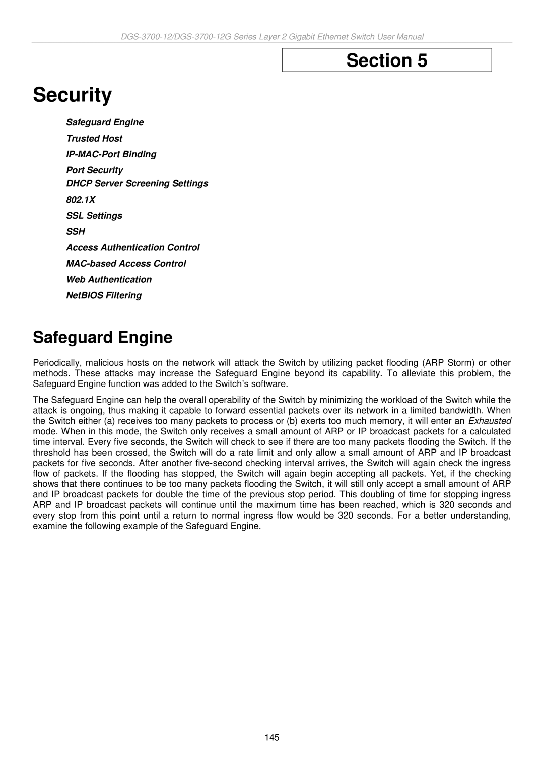 D-Link DGS-3700 user manual Security, Safeguard Engine 
