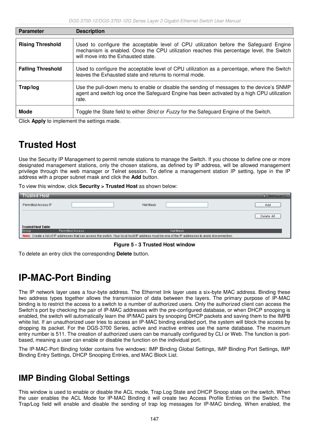 D-Link DGS-3700 user manual Trusted Host, IP-MAC-Port Binding, IMP Binding Global Settings 