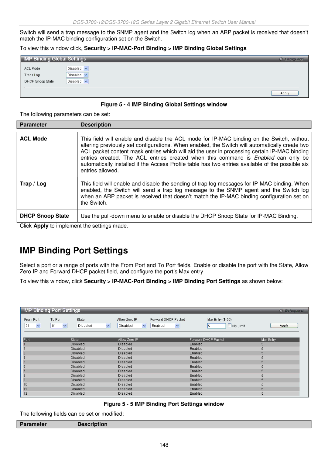 D-Link DGS-3700 user manual IMP Binding Port Settings, Parameter ACL Mode Trap / Log Dhcp Snoop State 