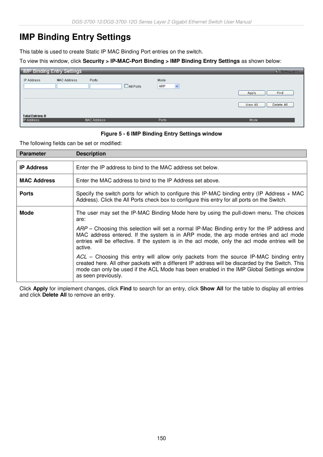 D-Link DGS-3700 user manual IMP Binding Entry Settings, Ports 