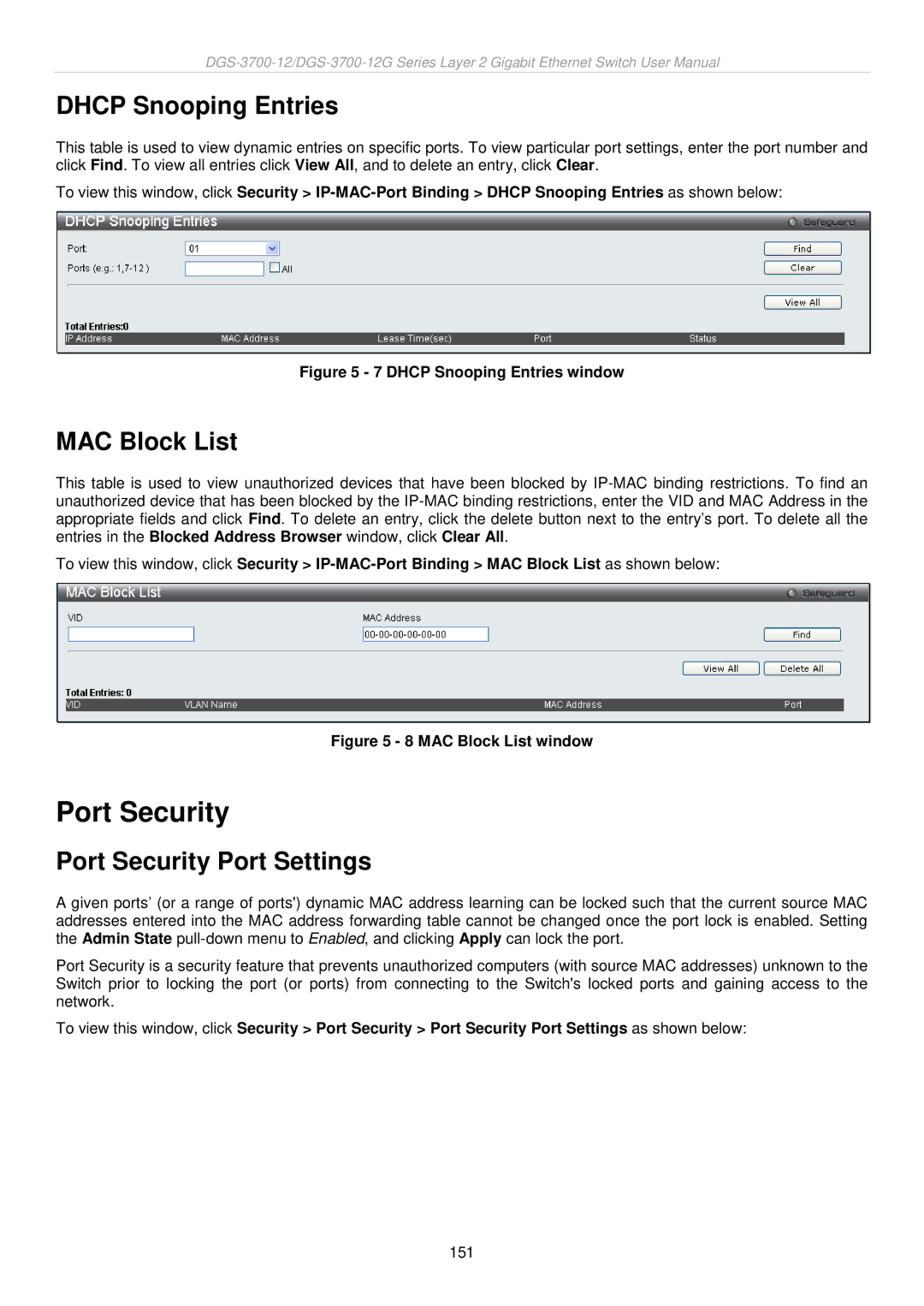 D-Link DGS-3700 user manual Dhcp Snooping Entries, MAC Block List, Port Security Port Settings 