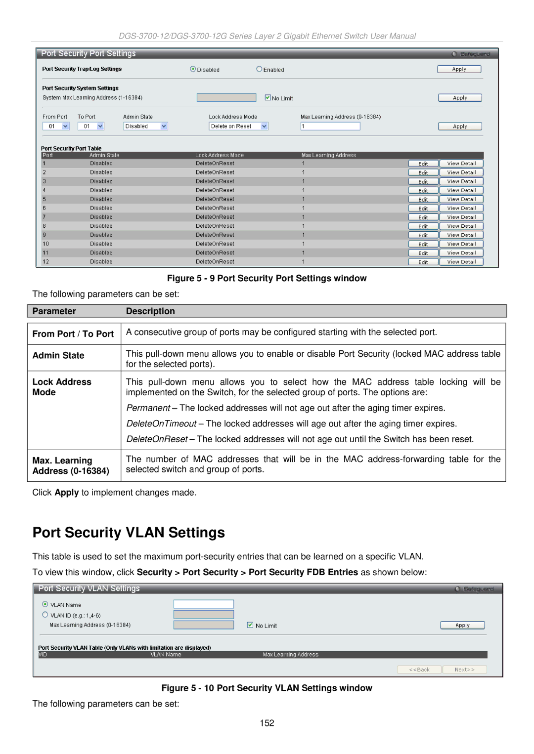 D-Link DGS-3700 user manual Port Security Vlan Settings, Admin State, Lock Address, Max. Learning 