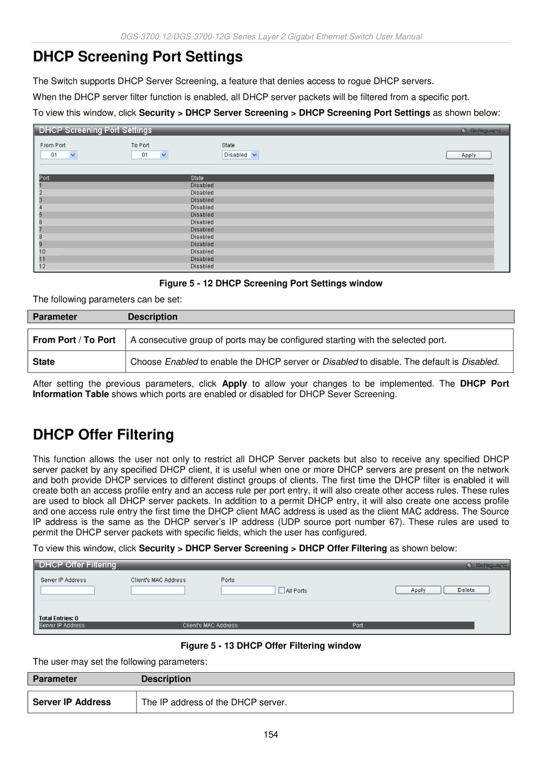 D-Link DGS-3700 user manual Dhcp Screening Port Settings, Dhcp Offer Filtering, ParameterDescription Server IP Address 