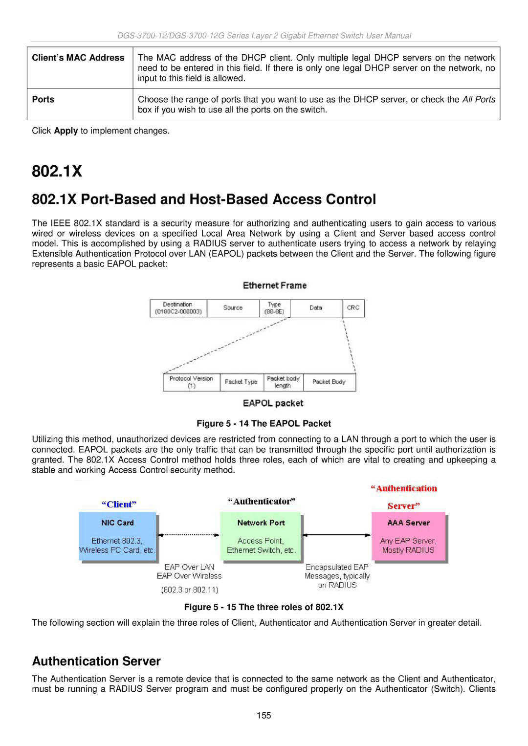 D-Link DGS-3700 802.1X Port-Based and Host-Based Access Control, Authentication Server, Client’s MAC Address 