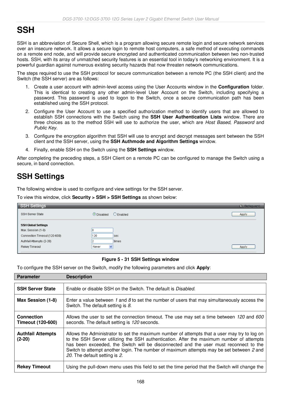 D-Link DGS-3700 user manual SSH Settings 