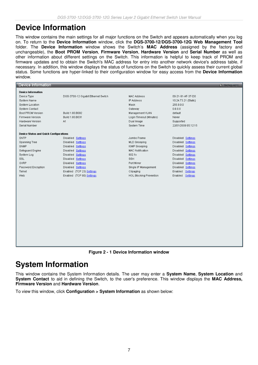 D-Link DGS-3700 user manual Device Information, System Information 