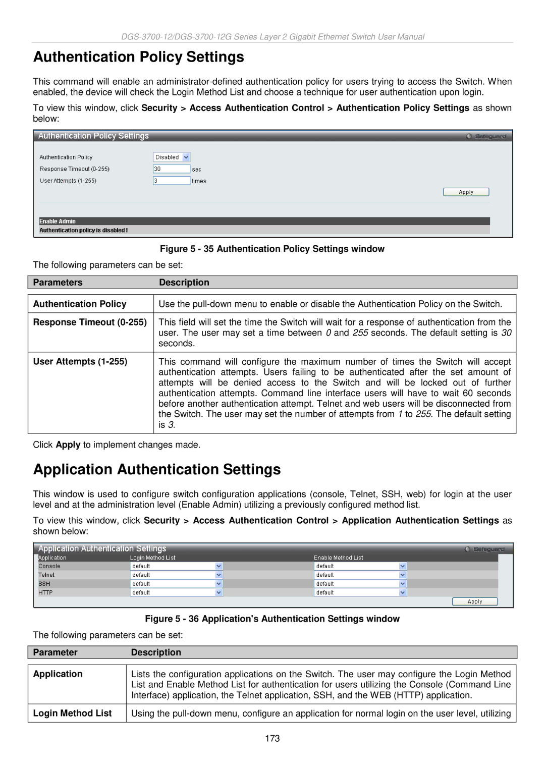 D-Link DGS-3700 user manual Authentication Policy Settings, Application Authentication Settings 