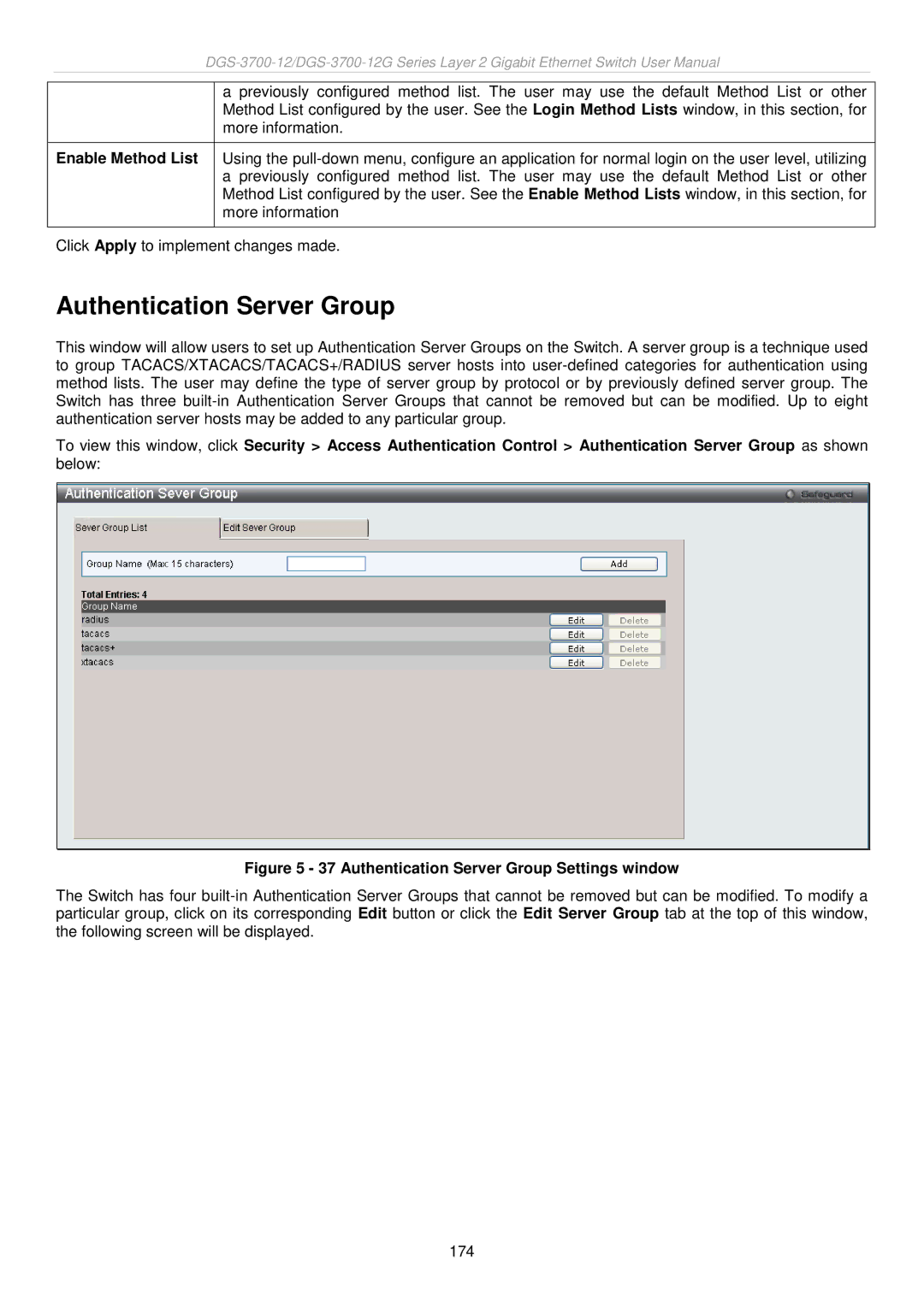 D-Link DGS-3700 user manual Authentication Server Group Settings window 