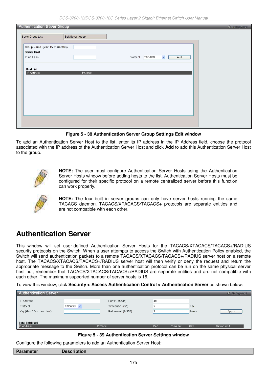 D-Link DGS-3700 user manual Authentication Server Group Settings Edit window 